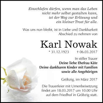 Traueranzeige von Karl Nowak von WVG - Wochenspiegel Dessau / Köthen