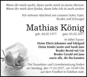 Traueranzeige von Mathias König von Super Sonntag SGH Mansf. Land