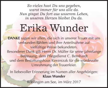 Traueranzeige von Erika Wunder von Mitteldeutsche Zeitung Mansfelder Land