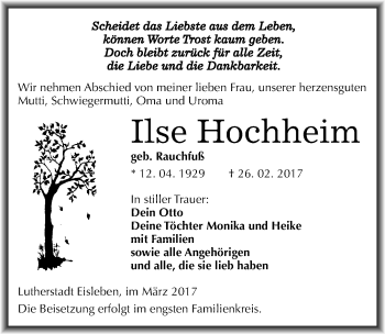 Traueranzeige von Ilse Hochheim von Mitteldeutsche Zeitung Mansfelder Land