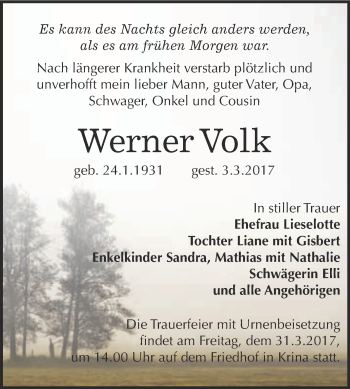 Traueranzeige von Werner Volk von WVG - Wochenspiegel Bitterfeld