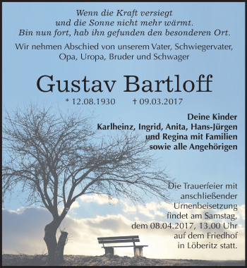 Traueranzeige von Gustav Bartloff von Mitteldeutsche Zeitung Bitterfeld