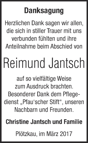 Traueranzeige von Reimund Jantsch von Super Sonntag Bernburg