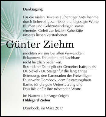 Traueranzeige von Günter Ziehm von WVG - Wochenspiegel Dessau / Köthen