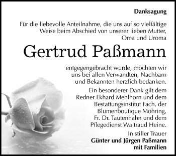 Traueranzeige von Gertrud Paßmann von Super Sonntag Halle