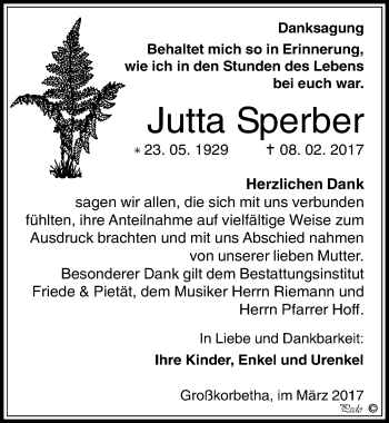 Traueranzeige von Jutta Sperber von Mitteldeutsche Zeitung Weißenfels