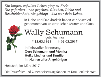 Traueranzeige von Wally Schumann von Mitteldeutsche Zeitung Mansfelder Land