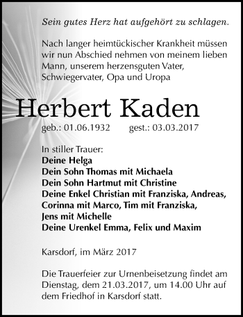 Traueranzeige von Herbert Kaden von Mitteldeutsche Zeitung Naumburg/Nebra