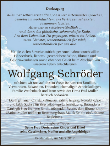 Traueranzeige von Wolfgang Schröder von Super Sonntag SGH Mansf. Land