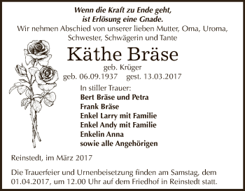 Traueranzeige von Käthe Bräse von Super Sonntag Quedlinburg