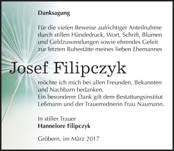 Traueranzeige von Josef Filipczyk von Mitteldeutsche Zeitung Bitterfeld