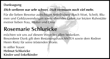 Traueranzeige von Rosemarie Schluricke von Mitteldeutsche Zeitung Bitterfeld