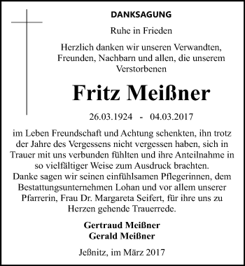 Traueranzeige von Fritz Meißner von Mitteldeutsche Zeitung Bitterfeld