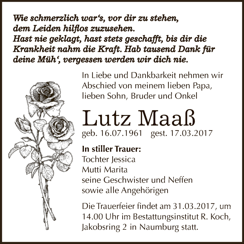  Traueranzeige für Lutz Maaß vom 22.03.2017 aus WVG - Wochenspiegel NMB / WSF / ZTZ