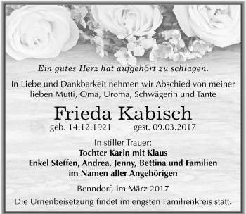 Traueranzeige von Frieda Kabisch von Mitteldeutsche Zeitung Mansfelder Land