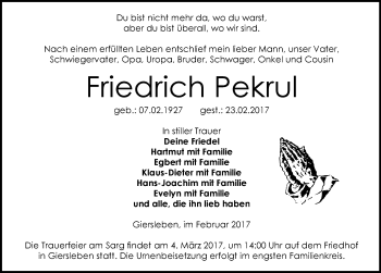Traueranzeige von Friedrich Pekrul von Mitteldeutsche Zeitung Aschersleben