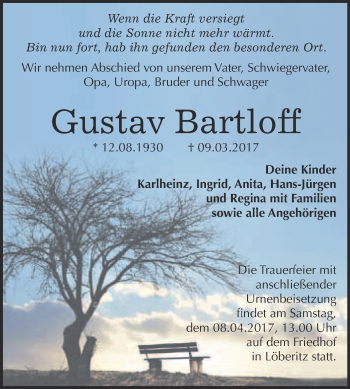 Traueranzeige von Gustav Bartloff von WVG - Wochenspiegel Bitterfeld