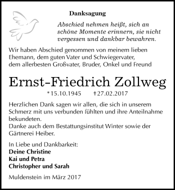 Traueranzeige von Ernst-Friedrich Zollweg von Mitteldeutsche Zeitung Bitterfeld