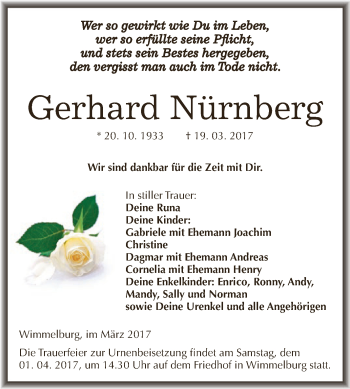 Traueranzeige von Gerhard Nürnberg von Super Sonntag SGH Mansf. Land