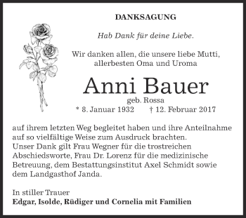 Traueranzeige von Anni Bauer von WVG - Wochenspiegel NMB / WSF / ZTZ