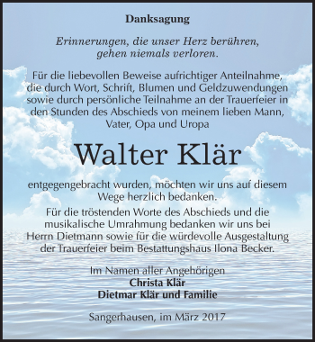 Traueranzeige von Walter Klär von Mitteldeutsche Zeitung Sangerhausen