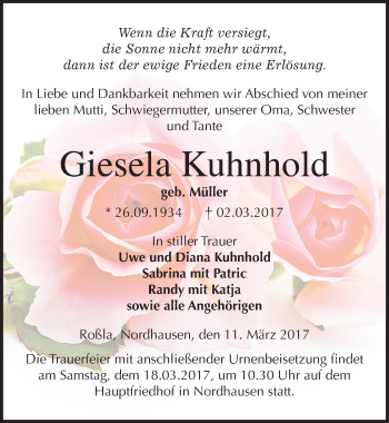 Traueranzeige von Gisela Kuhnhold von Mitteldeutsche Zeitung Sangerhausen