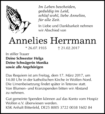 Traueranzeige von Annelies Herrmann von Mitteldeutsche Zeitung Bitterfeld
