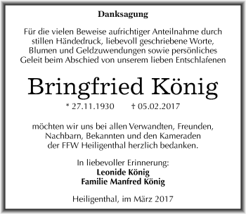 Traueranzeige von Bringfried König von Mitteldeutsche Zeitung Mansfelder Land