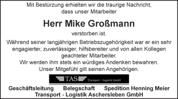 Traueranzeige von Mike Großmann von Super Sonntag SGH Mansf. Land