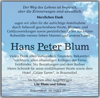 Traueranzeige von Hans Peter Blum von Mitteldeutsche Zeitung Wittenberg