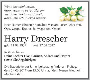 Traueranzeige von Harry Drescher von Super Sonntag Halle
