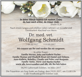 Traueranzeige von Wolfgang Schmidt von Mitteldeutsche Zeitung Mansfelder Land