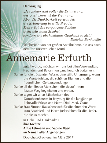 Traueranzeige von Annemarie Erfurth von WVG - Wochenspiegel NMB / WSF / ZTZ