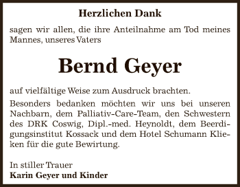 Traueranzeige von Bernd Geyer von Super Sonntag Wittenberg