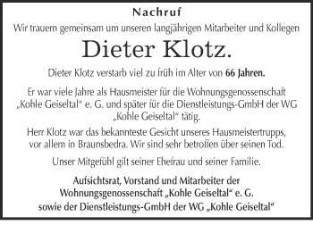 Traueranzeige von Dieter Klotz von Super Sonntag Halle