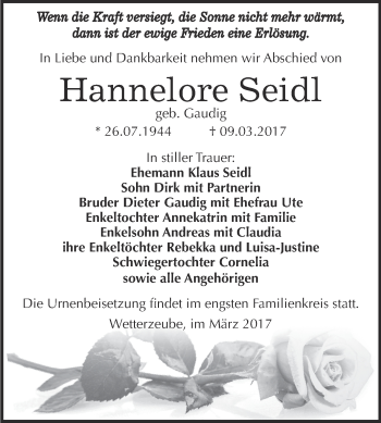 Traueranzeige von Hannelore Seidl von Super Sonntag Zeitz