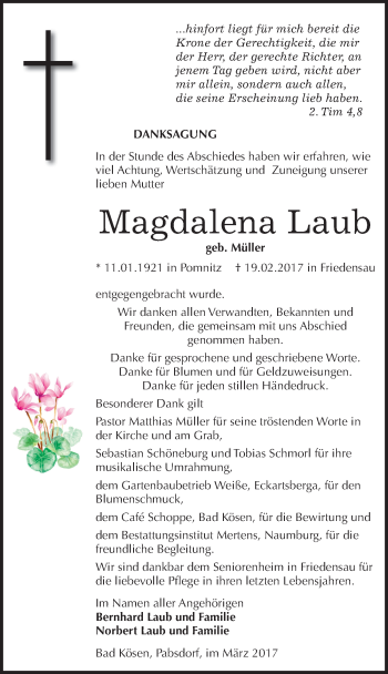 Traueranzeige von Magdalena Laub von Mitteldeutsche Zeitung Naumburg/Nebra