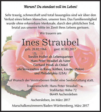 Traueranzeige von Ines Straubel von Super Sonntag SGH Mansf. Land