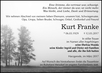 Traueranzeige von Kurt Franke von Mitteldeutsche Zeitung Quedlinburg