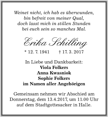 Traueranzeige von Erika Schilling von Mitteldeutsche Zeitung Halle/Saalkreis