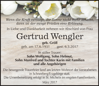 Traueranzeige von Gertrud Wengler von Mitteldeutsche Zeitung Merseburg/Querfurt