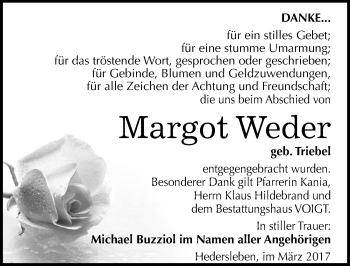 Traueranzeige von Margot Weder von Mitteldeutsche Zeitung Mansfelder Land