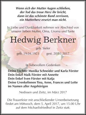 Traueranzeige von Hedwig Berkner von Super Sonntag Zeitz