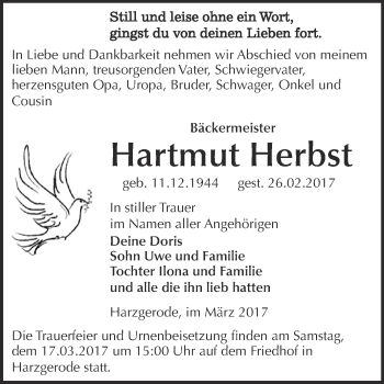 Traueranzeige von Hartmut Herbst von Super Sonntag Quedlinburg
