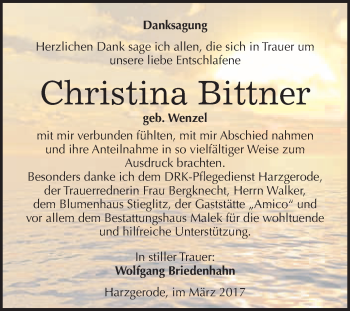 Traueranzeige von Christina Bittner von Super Sonntag Quedlinburg