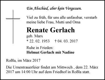 Traueranzeige von Renate Gerlach von Mitteldeutsche Zeitung Sangerhausen