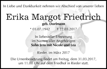 Traueranzeige von Erika Margot Friedrich von Mitteldeutsche Zeitung Quedlinburg