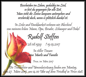 Traueranzeige von Rudolf Steffen von Super Sonntag SGH Mansf. Land