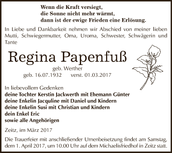 Traueranzeige von Regina Papenfuß von Super Sonntag Zeitz
