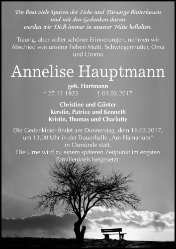 Traueranzeige von Annelise Hauptmann von Mitteldeutsche Zeitung Halle/Saalkreis